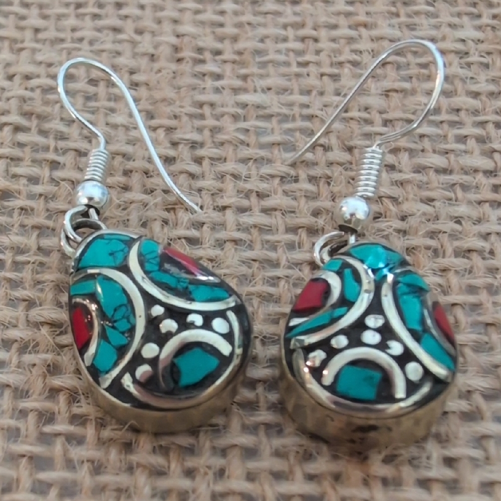 NWOT TIBETAN Turquoise and Red Coral Teardrop Earrings